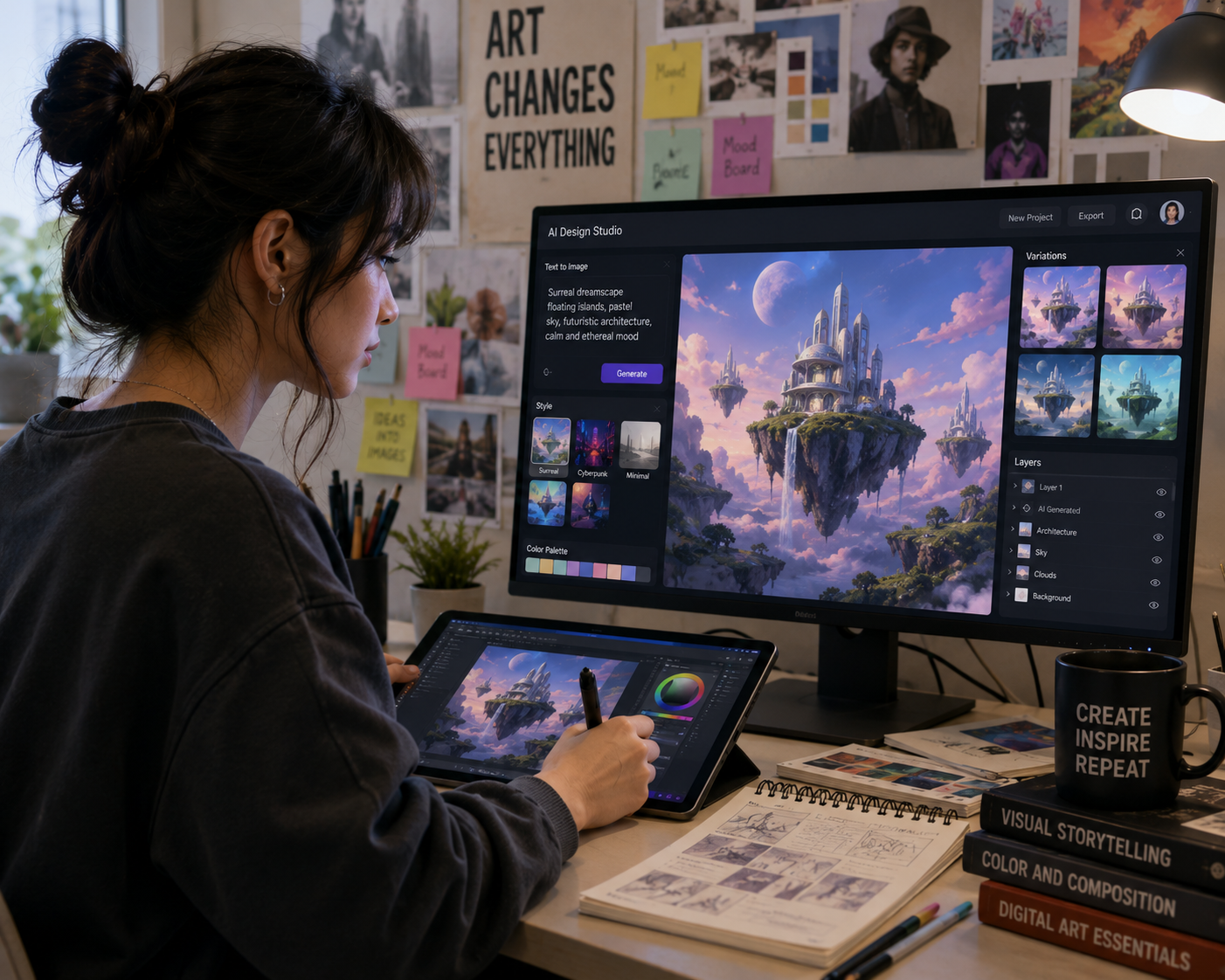 Art and media student using AI design software