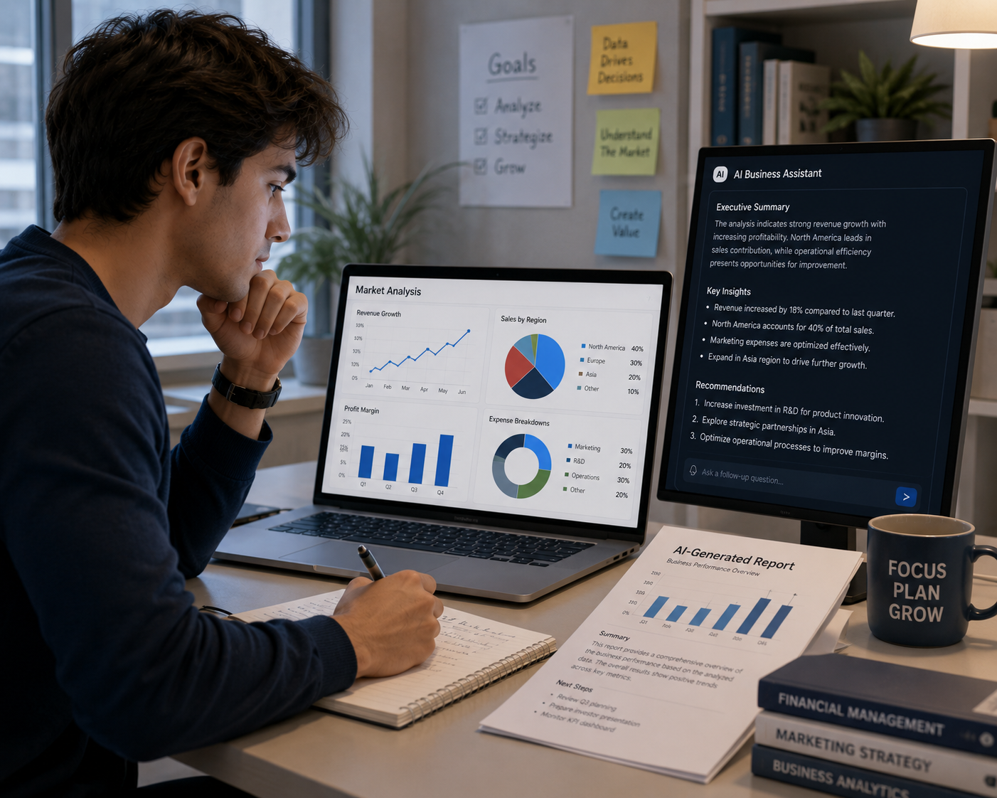 Business student analyzing charts and AI-generated reports