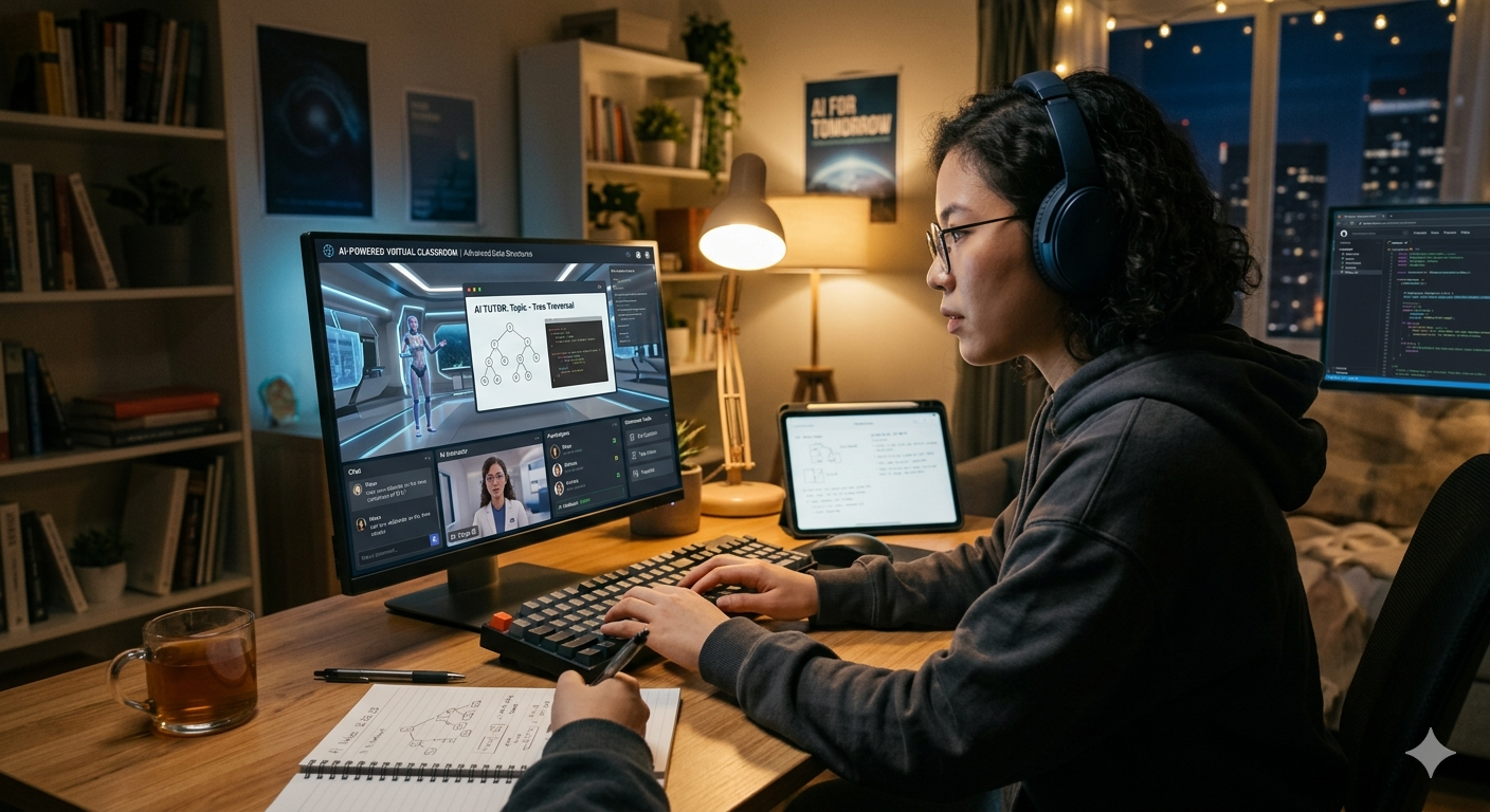 Student attending an online AI-powered virtual classroom