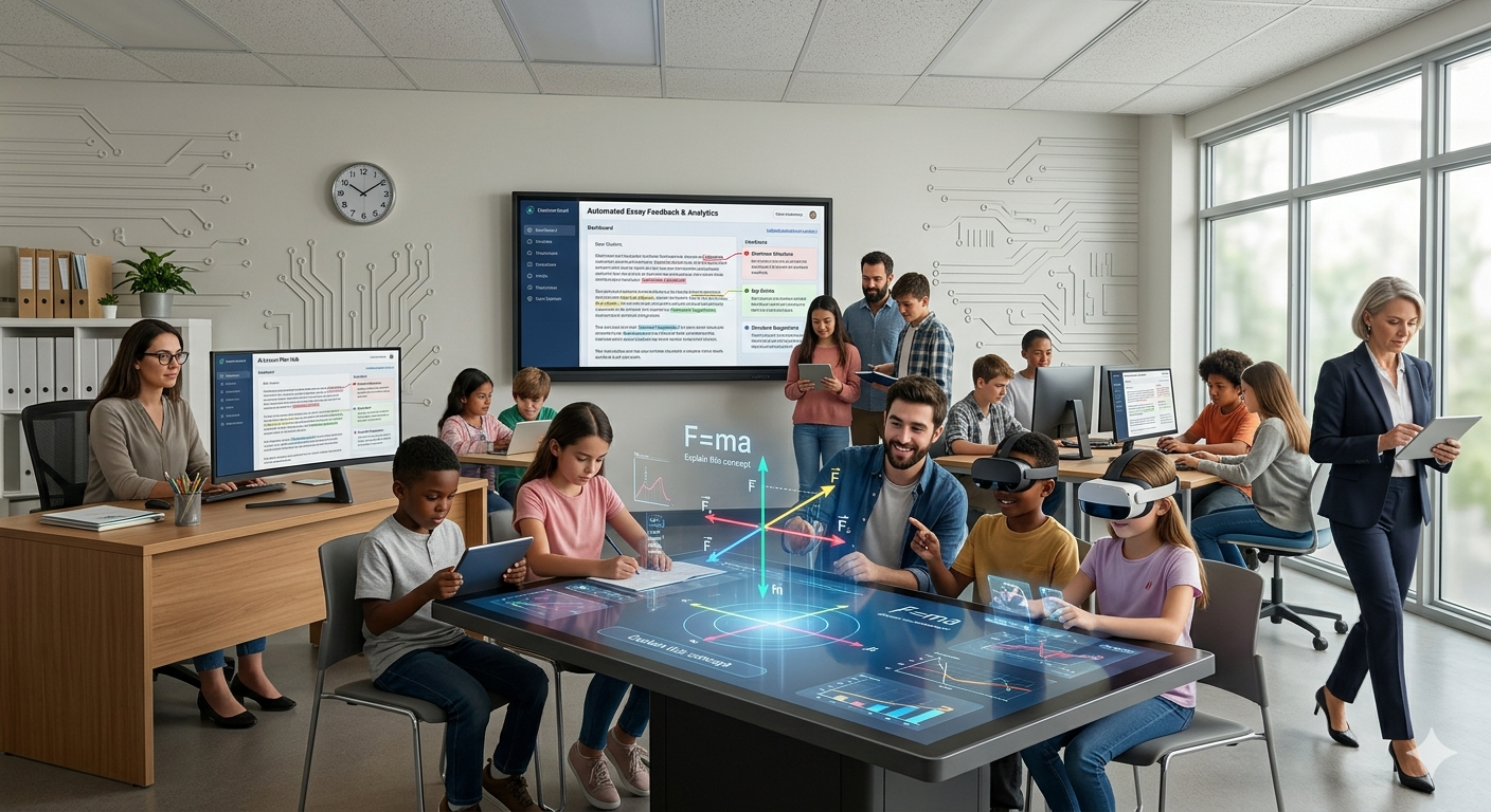 Teacher using AI tools in a smart classroom